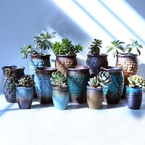 Clearance coarse pottery simple fleshy ceramic small old pile retro self-potted permeable tall flowerpot breathable bag