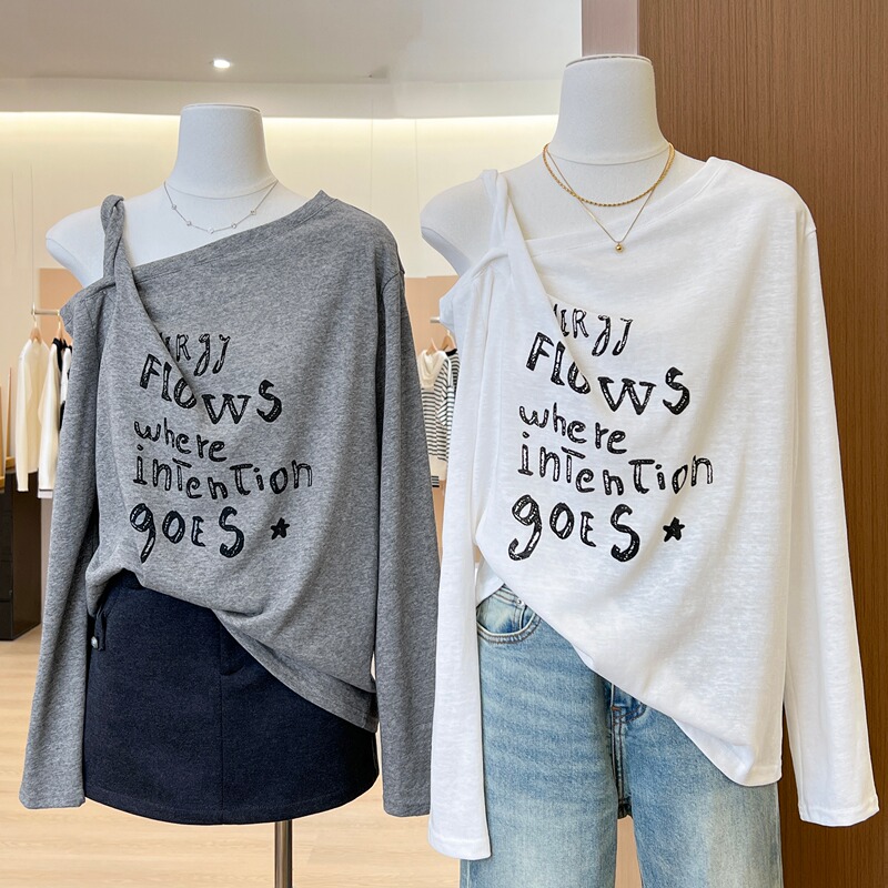 Guangzhou Thirteen Rows High-End Women's Fashion Design Off-Shoulder Letter Print Long-Sleeve T-Shirt Top for Autumn