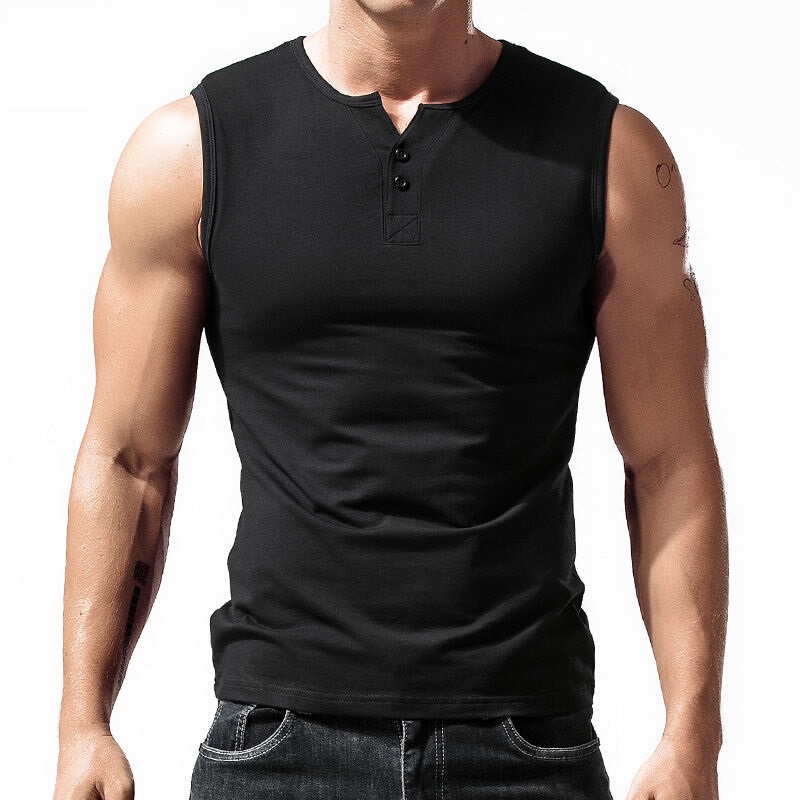 Wide-Shouldered Vest for Men, Henry Collar, Sleeveless T-Shirt, Pure Cotton, Base Layer, Tight-Fitting, Slim-Fit, Sports Vest, Summer Henry Shirt