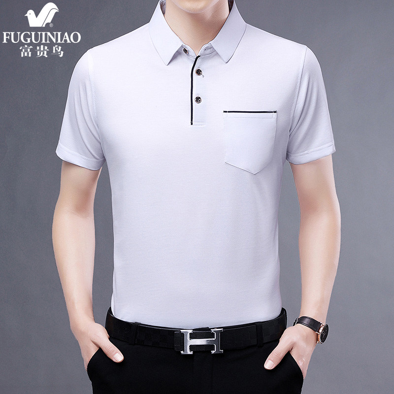 Rich Expensive Birds Summer Short Sleeve T-Shirt Tide Middle-aged Men Business Casual Pure Color Flipped polo shirt daddy dress