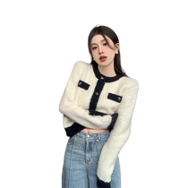 High-end socialite Xiaoxiang style contrasting color sweater jacket for women autumn and winter new temperament fashionable versatile knitted cardigan trend