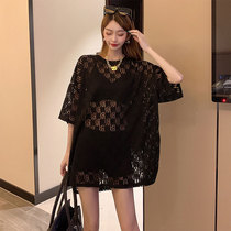 Large size 2021 summer sexy full letter printing hollow half sleeve T-shirt women's fashion round neck slim jacket