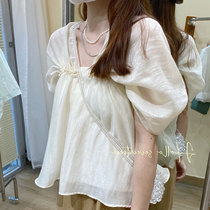 Large size 2021 summer gentle wind stitching square collar apricot shirt women's fashion trend Korean version of loose short sleeve jacket