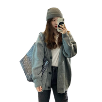 Gray knitted sweater jacket for women 2022 autumn new high-end soft and lazy temperament V-neck cardigan top