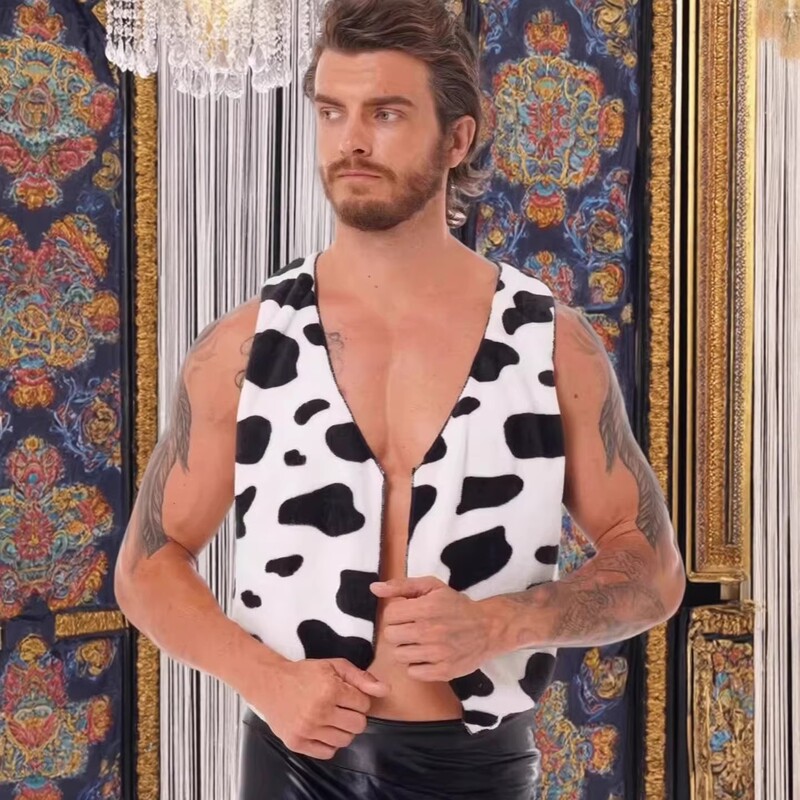 Halloween Costume Stage Outfit Short Cow Print Vest Unisex Christmas Cosplay Shawl*