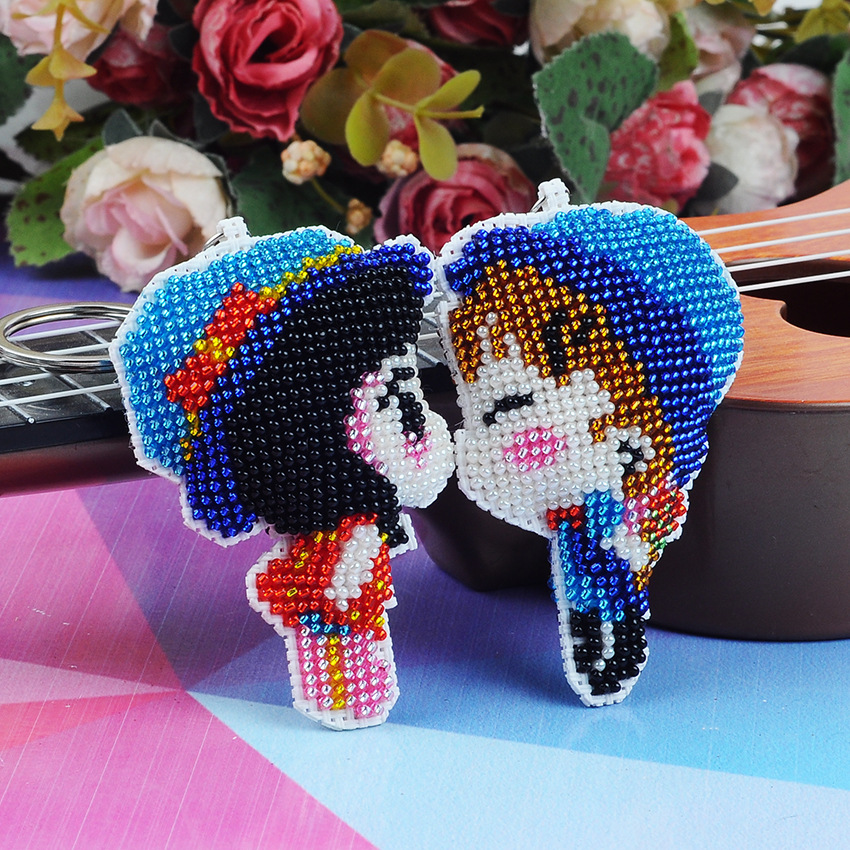 Boy girl small grid cross stitch full beaded embroidery precision printing keychain backpack couple pendant never give up