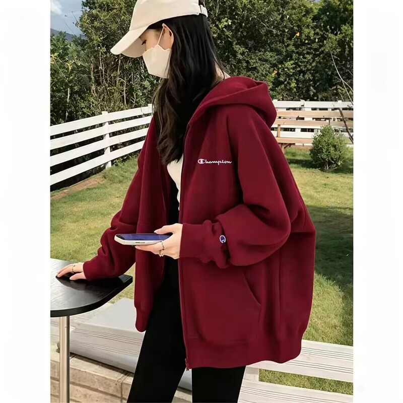 Japanese Version Champion Autumn and Winter New Embroidered Long-Sleeve Hooded Sweatshirt for Women, Loose Cardigan Top, Preppy Style Couple's Jacket