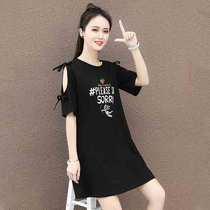 2021 new summer short-sleeved off-the-shoulder t-shirt Korean womens Harajuku style mid-length loose t-shirt dress