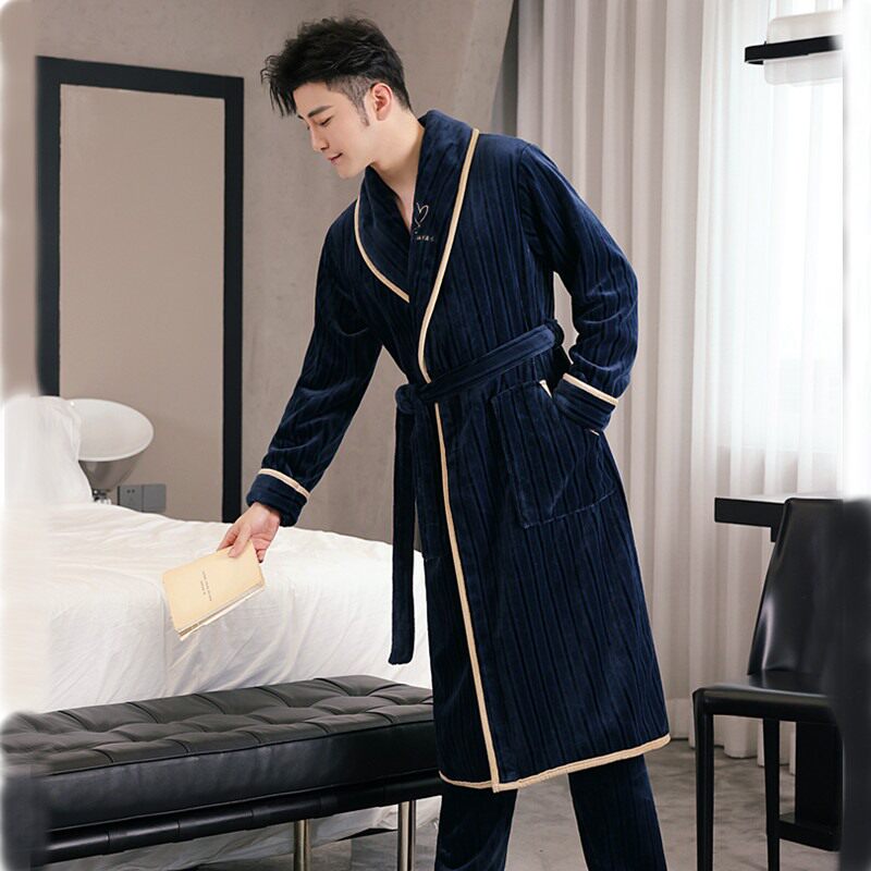 Sleeping robe men's autumn winter long version of coral suede thickened with suede men's sleepwear winter flange suede bathrobe with pants