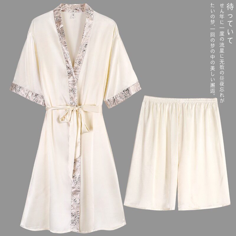 Day-style sleeping robe men with shorts for spring and autumn with thin ice silk summer light lavish kimono and bathrobe silk long version pyjamas