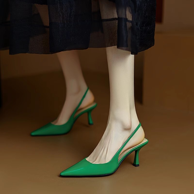 Baotou Sandals for Women, New Summer Style, Pointed Toe, Open Back, Full Genuine Leather, Commuting High Heels, Green Stiletto Heels, Single Shoes to Match Skirts