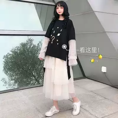 College style suit female Korean version of loose students Autumn new print stitching thick T-shirt mesh skirt two-piece set