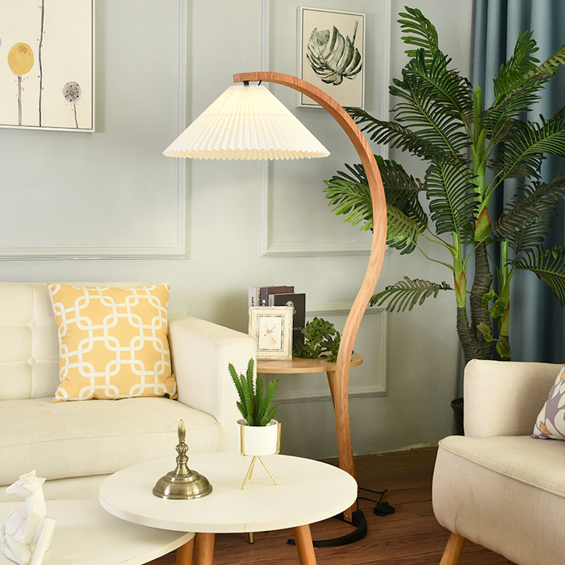 Pleated Floor Lamp, Solid Wood Sofa Side Living Room Lamp, Nordic Bedroom Trendy Atmosphere Lamp, American-Style Decorative Table Lamp