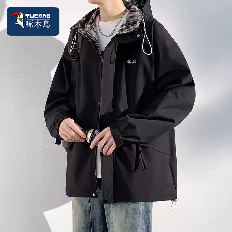 Woodpecker Jacket Spring and Autumn American Style Trendy Loose Hooded Plaid Workwear Windproof Jacket Color-Blocked Top