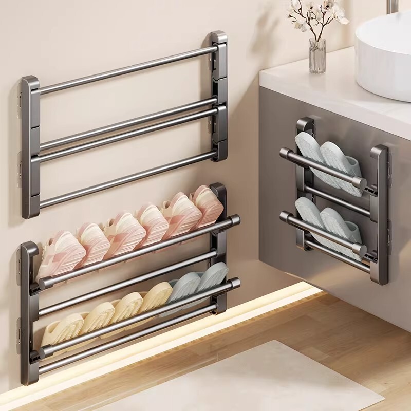 German Premium Bathroom Slipper Rack, No-Drill Wall-Mounted, Foldable Drainage Rack for Behind the Door in the Bathroom, Storage Organizer