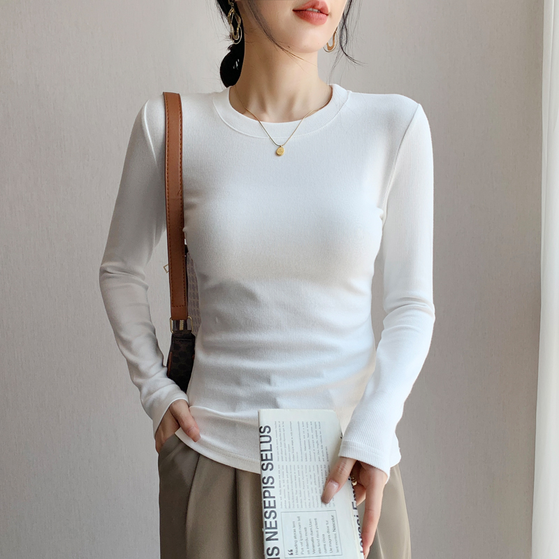 White Base Shirt for Women 2026 Autumn and Winter Ribbed Round Neck Long-Sleeve T-Shirt Slim Fit Knit Inner Top for Spring and Autumn