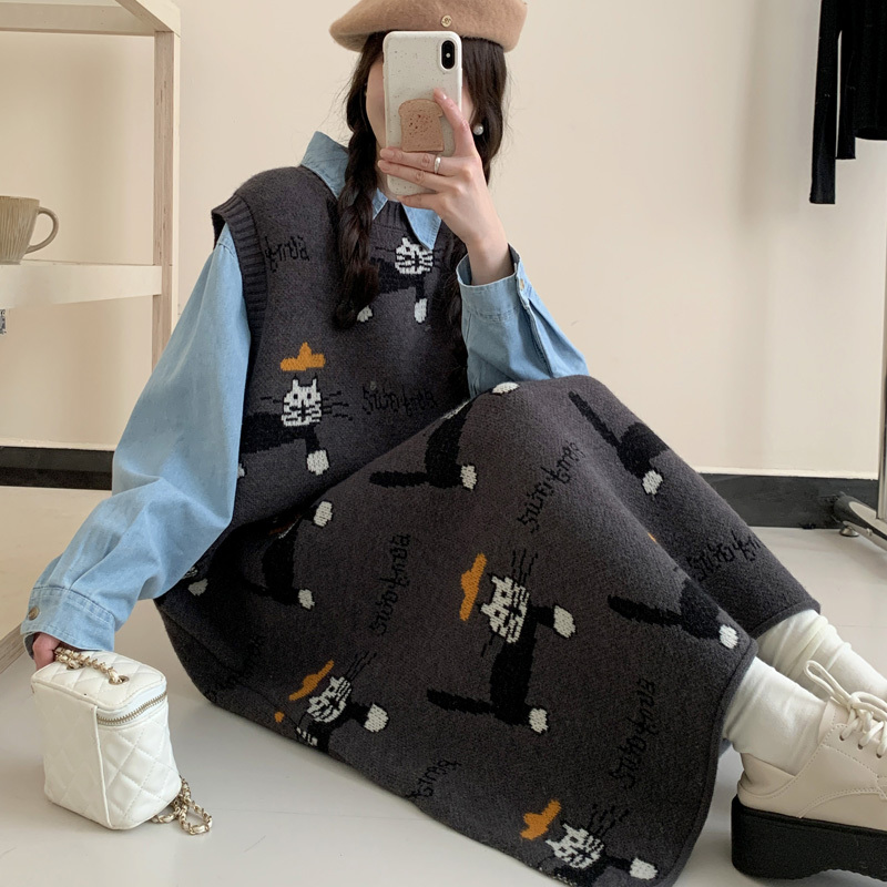 Cat Jacquard Knitted Vest Dress for Women 2026 Autumn and Winter New Design Slit Sleeveless Sweater Vest Dress Cat Jacquard Knitted Vest Dress for Women 2026 Autumn and Winter New Design Slit Sleeveless Sweater Vest Dress