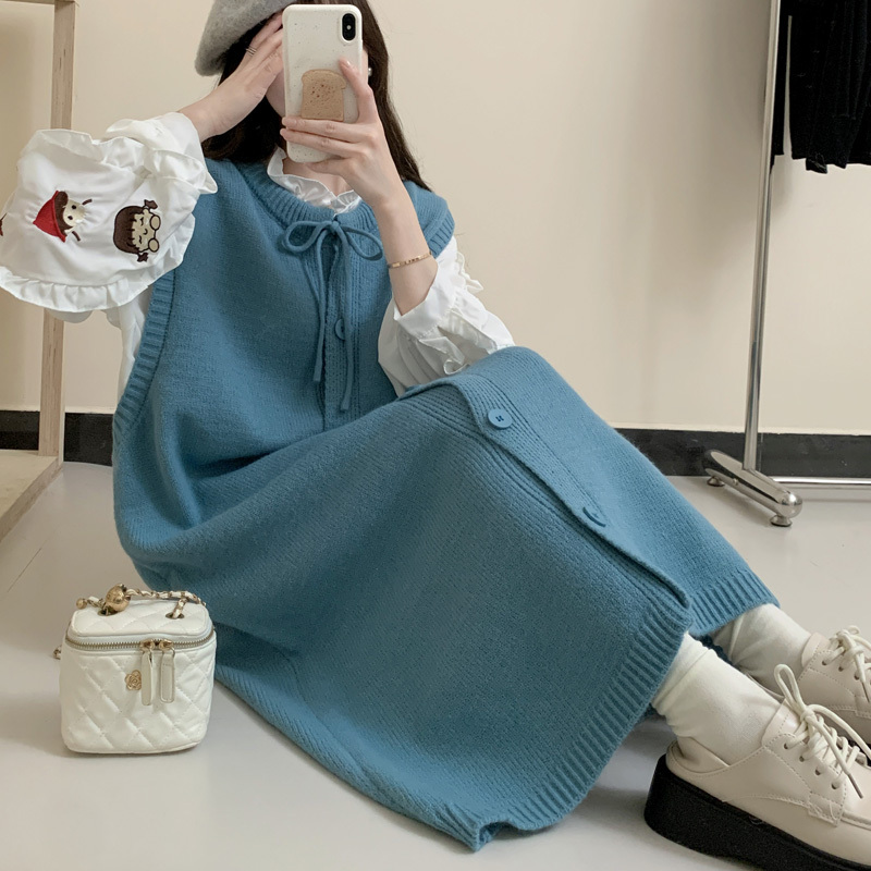 Korean Simple Sweater Vest Dress Women's Autumn and Winter New Over-The-Knee Mid-Length Sleeveless Knitted Cardigan Vest Dress Korean Simple Sweater Vest Dress Women's Autumn and Winter New Over-The-Knee Mid-Length Sleeveless Knitted Cardigan Vest Dress