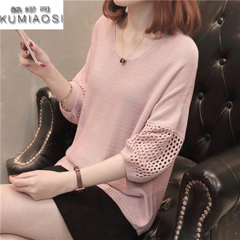 Bảy-Sleeve Cá Netshirt rỗng Thin 2020 mùa xuân mới Ice Silk Half-Sleeve nữ Knitshirt Loose Mid-Sleeve Top