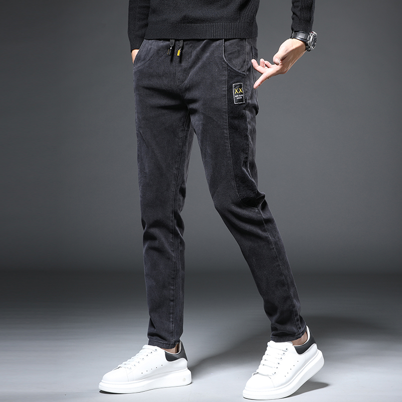 Hong Kong High-end Denim Pants Men's Wave Cards Spring Black Fix Small Feet Men Trends 100 Hitch Casual Long Pants Man