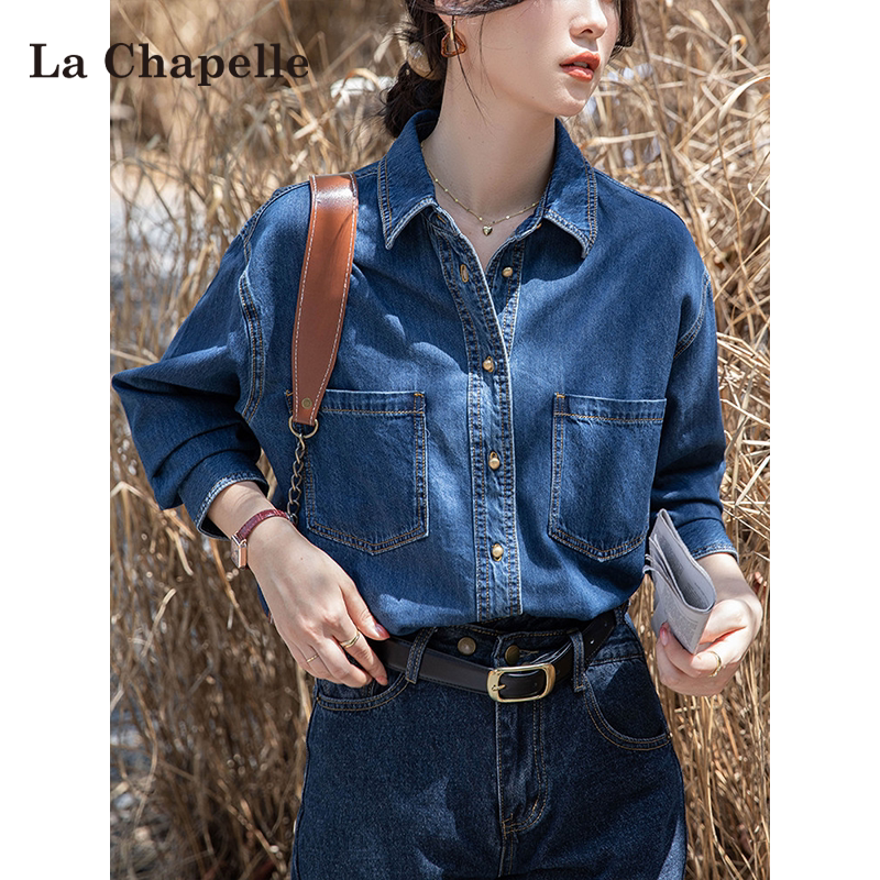 La Chapelle Dark Blue Loose Long-Sleeved Denim Shirt for Women, 2026 Summer New Style Layered Shirt for Petite Women