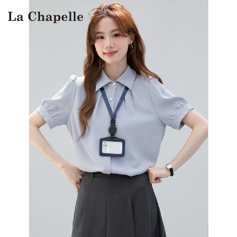 La Chapelle Blue Loose-Fitting Professional Short-Sleeved Shirt for Women, Summer 2026 New Style, Slimming Interview Shirt for Petite Figures