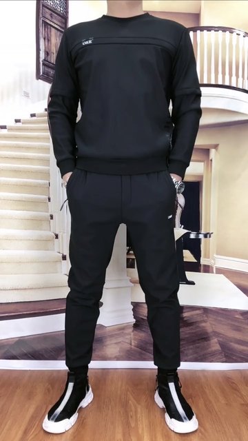 096 Men's Breathable Casual Sports Suit Versatile Slim Men's Round Neck Sweatshirt Small Foot Sweatpants two Pieces