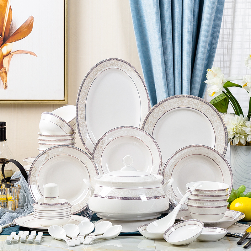 Dishes set household combination Chinese bone china tableware household rice bowl with instant noodle bowl deep plate flat plate fish plate soup bowl plate