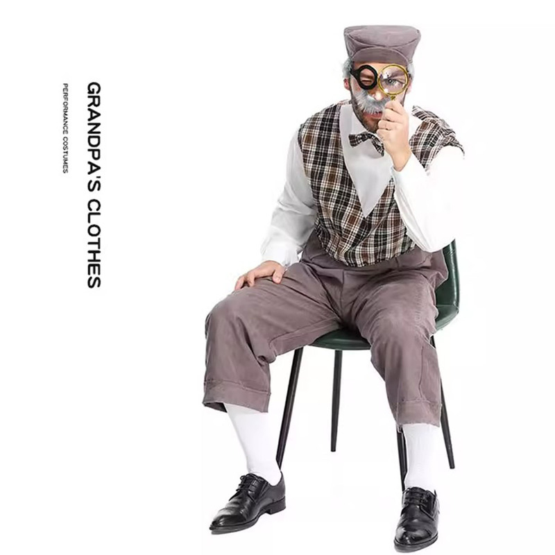 New Style Grandpa Costume, Cross-Dressing Party Elderly Plaid Jumpsuit, European British Style Gentleman Performance