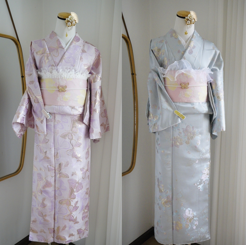 Japanese Traditional Small-Patterned Kimono for Women, Double-Layer Fabric, Oil Painting Style, Embossed Gold Thread Jacquard Satin