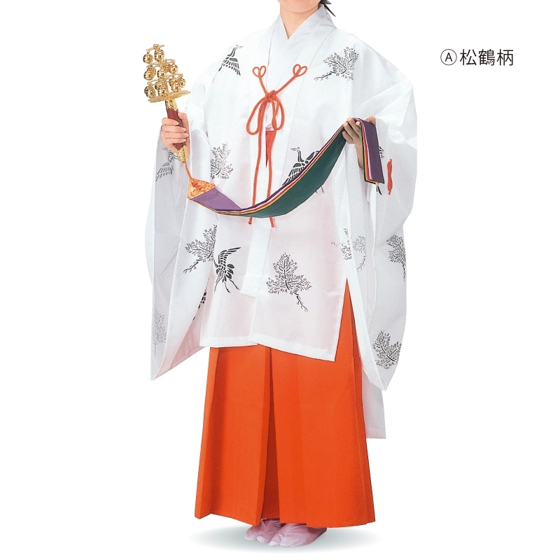 Japanese Traditional Priestess Costume with Pine and Crane Pattern, Senka Kimono, White Handmade Single Garment, White with Red Lanterns, Halloween