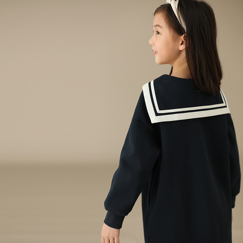 Hateeth Children's Clothing Summer New Pint Girl Child Parenting Navy Collar Pure Cotton Pro-Skin Comfort Pure Color Straight Drum Ocean Dress