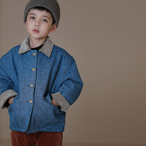 Hadtooth childrens clothing autumn and winter new childrens denim jacket baby warm and thick coat lamb wool cotton suit