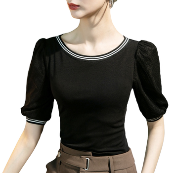 Spliced one-line collar t-shirt women's half-sleeve style mesh puff sleeves mid-sleeve women's top 2026 ພາກຮຽນ spring sleeves ຫ້າໄຕມາດ