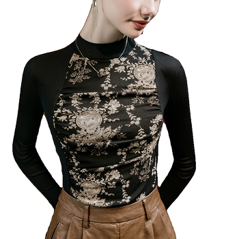 Retro ພິມຕາຫນ່າງ stitching ເຄິ່ງ turtleneck ເສື້ອ bottoming ສໍາລັບແມ່ຍິງ