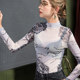 2023 Autumn New Half Turtle Neck Mesh Bottoming Shirt Women's Slim Fit Stand Collar Tie Dye Printed Long Sleeve T-Shirt