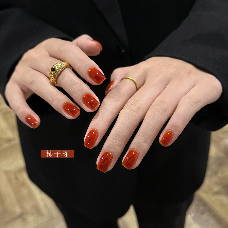 Short and Medium-Length Handmade Nail Stickers in Early Spring, Bright Orange-Brown Persimmon Jelly Color, Simple and Versatile Solid Color Fake Nails