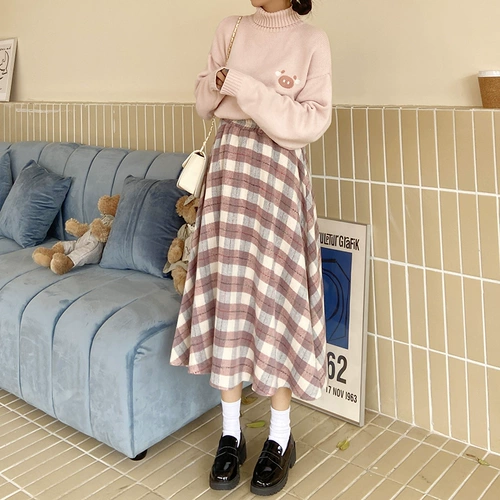 Демисезонное шерстяное пальто, демисезонная японская школьная юбка, шерстяной свитер, комплект, А-силуэт