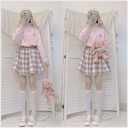 Демисезонное шерстяное пальто, демисезонная японская школьная юбка, шерстяной свитер, комплект, А-силуэт