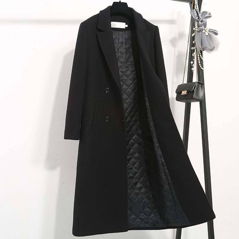 Black Woolen Coat for Women, Mid-Length, Double-Breasted, Padded and Thickened, Over-The-Knee, Slim-Fit Woolen Overcoat, Professional Workwear for Winter