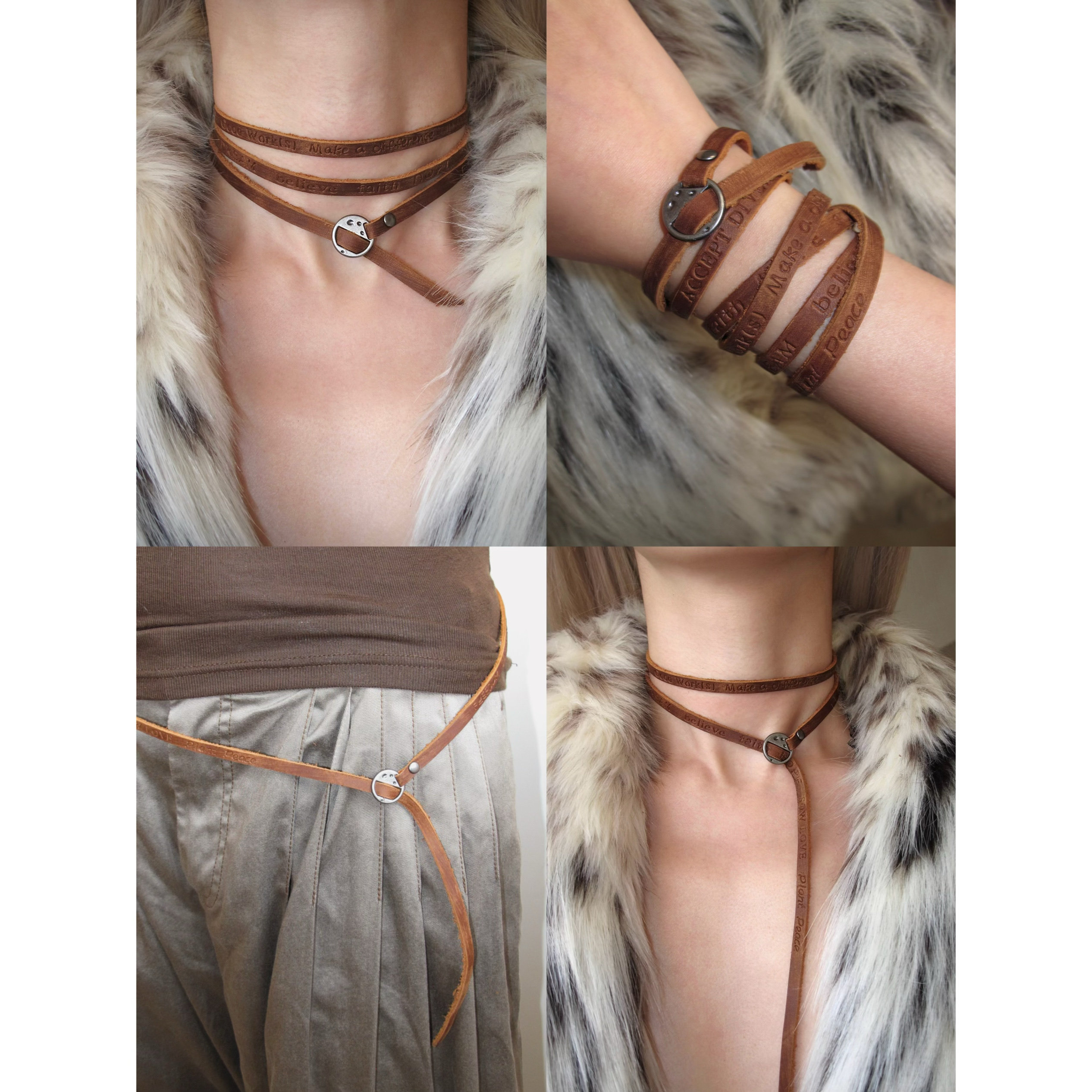 FireUp Wasteland Style Letter Choker Collar for Women, Niche Design, Vintage Leather Distressed Necklace, Belt, Bracelet