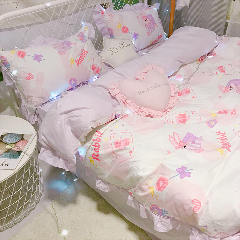 [gửi gối thỏ] phim hoạt hình in hình chú thỏ lilac ren bốn bộ bông ký túc xá 1,5m - Bộ đồ giường bốn mảnh bộ ga giường everon