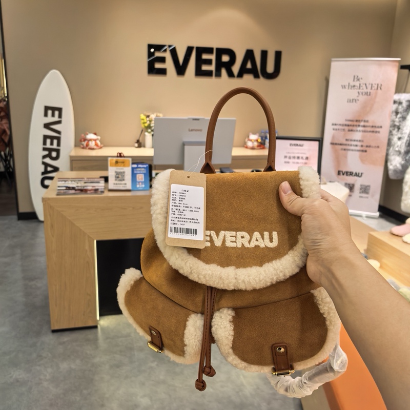 Everau 25 New Fashion Sheepskin Suede Fur Women's Bag Versatile Kelly Bag Bowling Bag Backpack