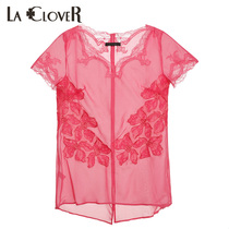 LACLOVER Langkavenjoy outer wear series Womens mulberry silk embroidery short-sleeved thin top LC81T72