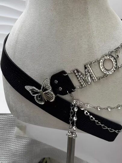 Y2K Butterfly Black Belt for Women, Unique Design, Decorative Accessory for Dresses and Shorts, High-End Waist Chain Accessory, Sexy