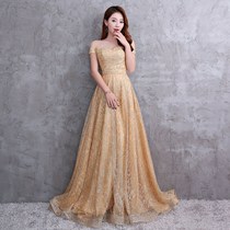 Sequin champagne color New toast clothes shoulder 2018 evening dress welcome tailing a word atmosphere bride female