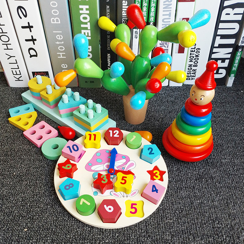 Montessori 1-2-3 years old children early education cactus wooden blocks inserted baby intelligence toys