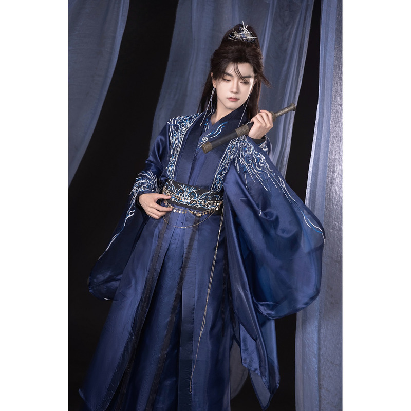 Yunshuji【Realm of Stars】Blue Unisex Spring and Summer Embroidered Ancient Style Fairy-Like Elegant Suit in Wei and Jin Dynasty Style