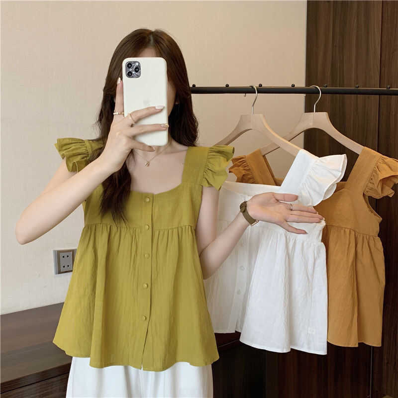 Square-Neck, Collar-Baring, Sleeveless Shirt for Women, Summer French Style, Chic, Loose, Short Babydoll Top with Flutter Sleeves