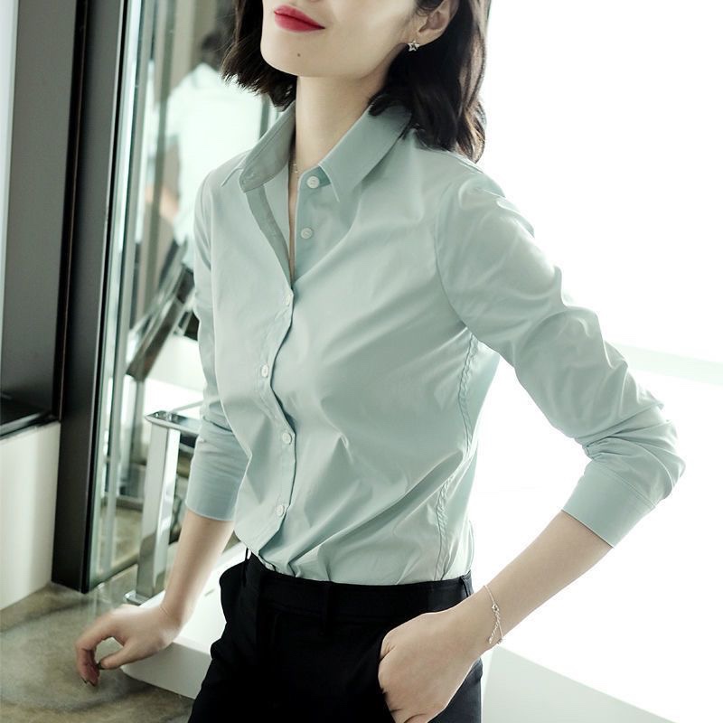New Women's Long-Sleeved Shirt, Solid Color, Professional Butter Green, Slim Fit, Commuter Shirt, Autumn Top, Trendy Women's Clothing